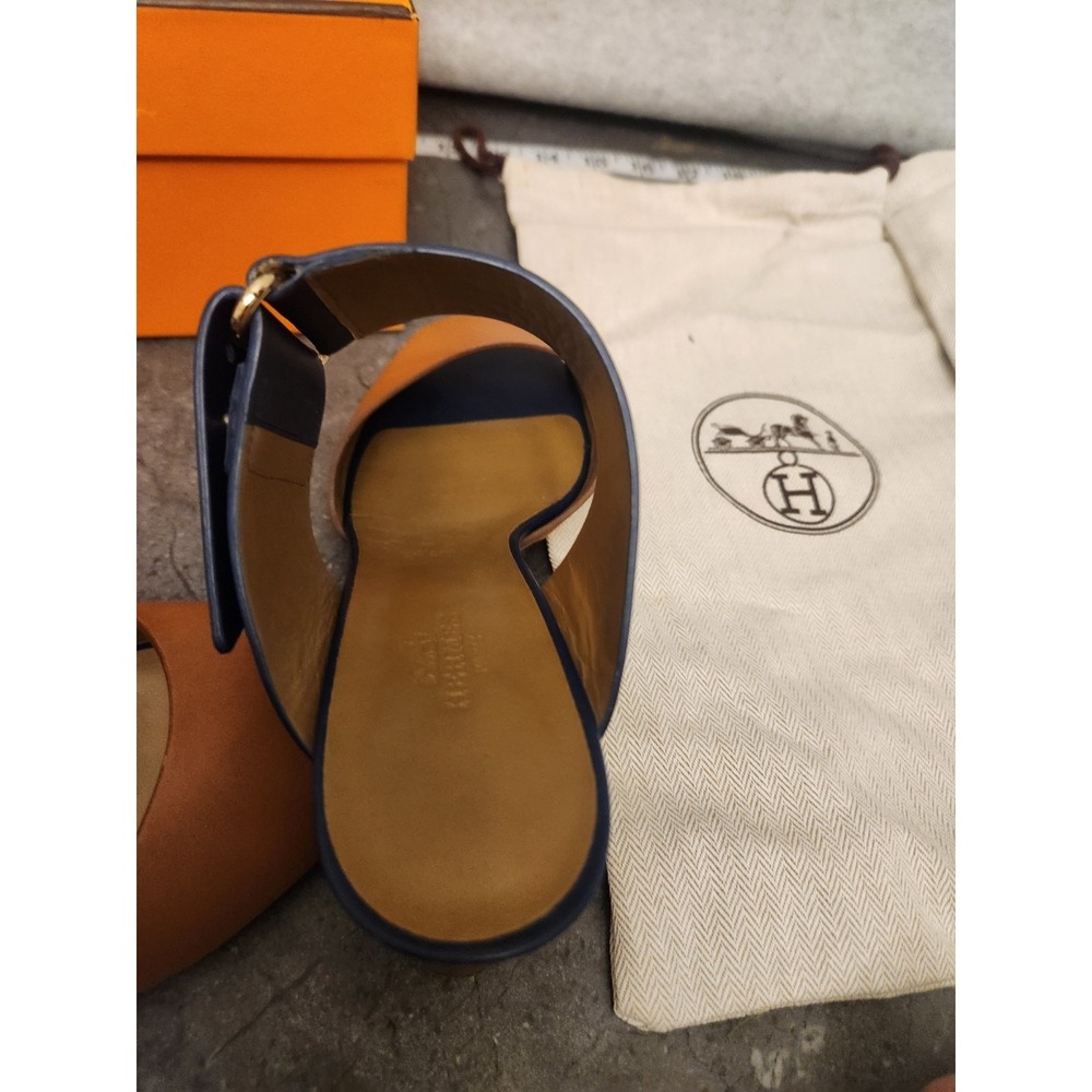 Hermes Leather Bicolor Mule Sandals Heels 37 1/2 Resoled Dust Bag Box - Picture 5 of 16